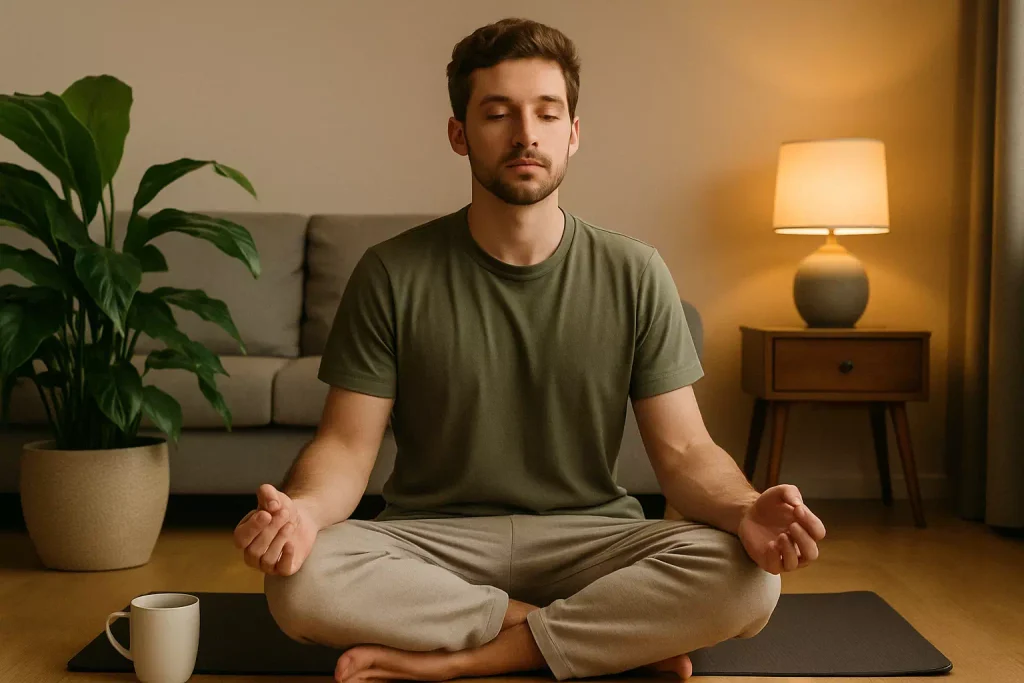 Jeune homme méditant dans un salon chaleureux, assis en tailleur sur un tapis de yoga, incarnant la sérénité et la gestion du stress pour vaincre la timidité.
