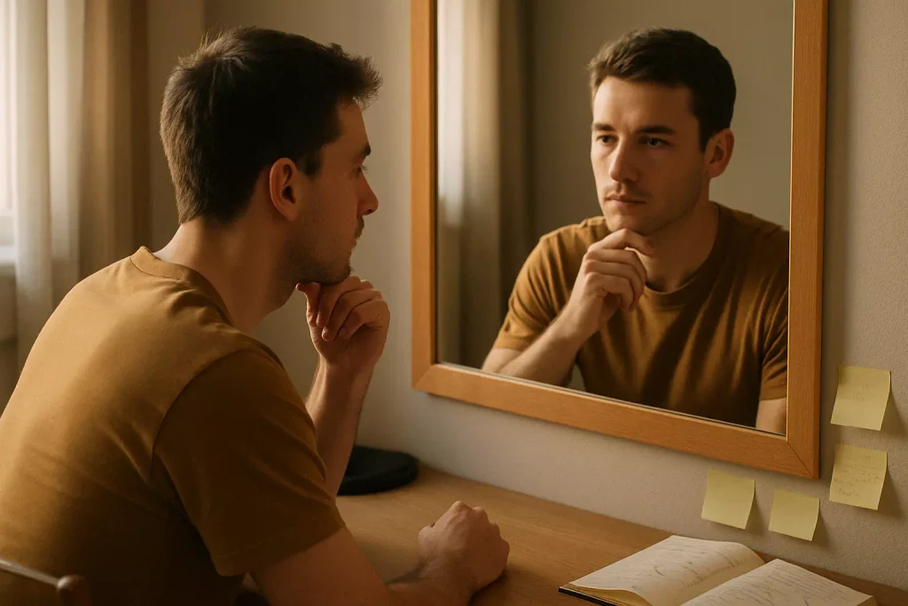 Jeune homme pensif se regardant dans un miroir, entouré de notes et d’un carnet, illustrant la prise de recul et la rationalisation des peurs pour surmonter la timidité.