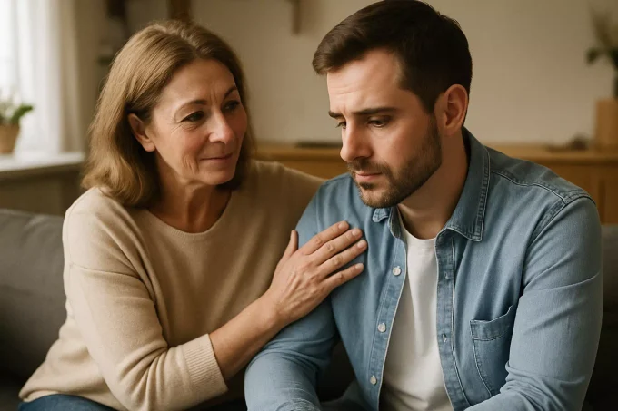 Moment de réconciliation entre deux personnes dans un salon chaleureux, illustrant le pardon appliqué dans le quotidien avec bienveillance.
