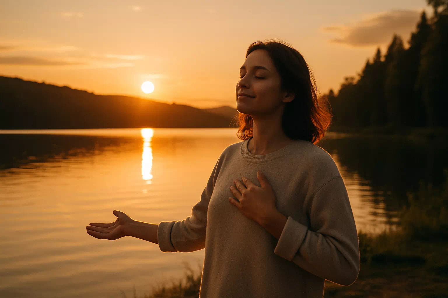 Jeune femme sereine au bord d’un lac au coucher du soleil, la main sur le cœur, incarnant la paix intérieure et la libération émotionnelle par le pardon.