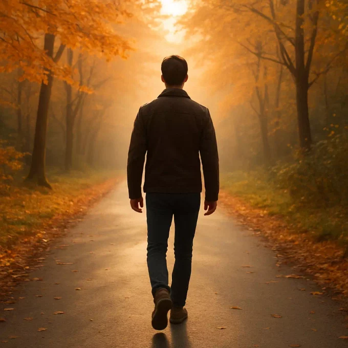 Personne marchant seule sur un chemin forestier d’automne au lever du soleil, symbolisant le pardon comme un voyage de libération intérieure et de paix.