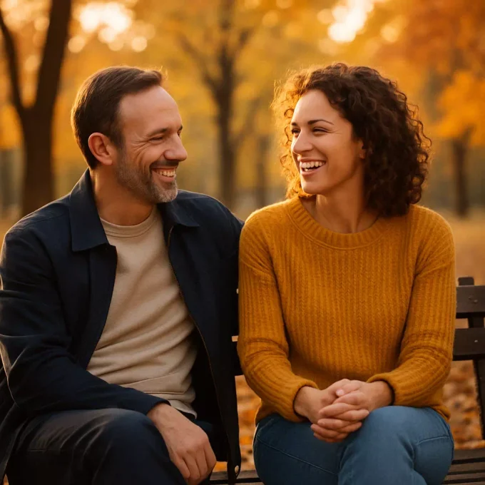 Couple complice assis sur un banc en automne, échangeant sourires et regards bienveillants, illustrant l’impact positif du pardon sur les relations humaines.
