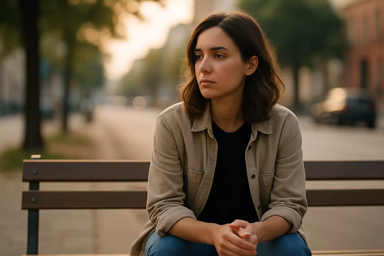Femme pensive assise seule sur un banc, illustrant la réflexion intérieure liée à une relation toxique