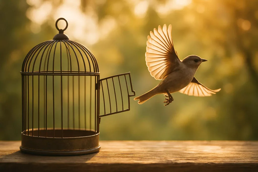 Petit oiseau s’envolant d’une cage ouverte au lever du soleil, symbole de libération d’une relation toxique