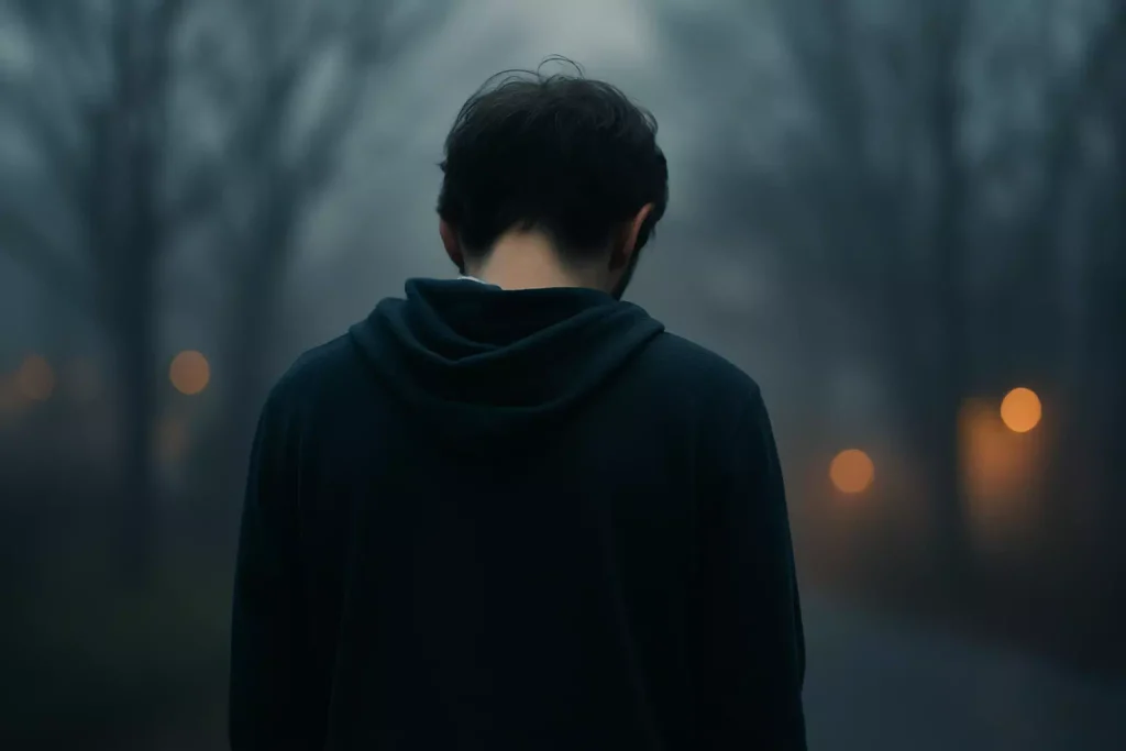 Personne seule de dos dans un paysage brumeux, illustrant les signaux invisibles d’une relation toxique