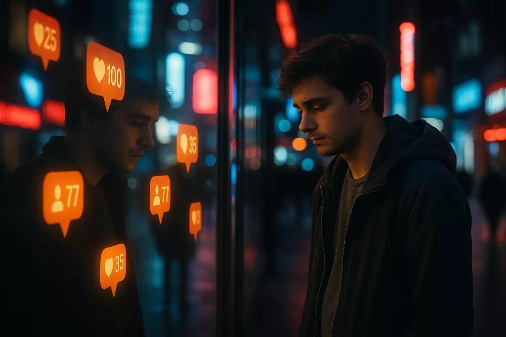 Jeune adulte face à des notifications numériques en ville – illustration du piège de l’hypersociabilité et de la pression sociale