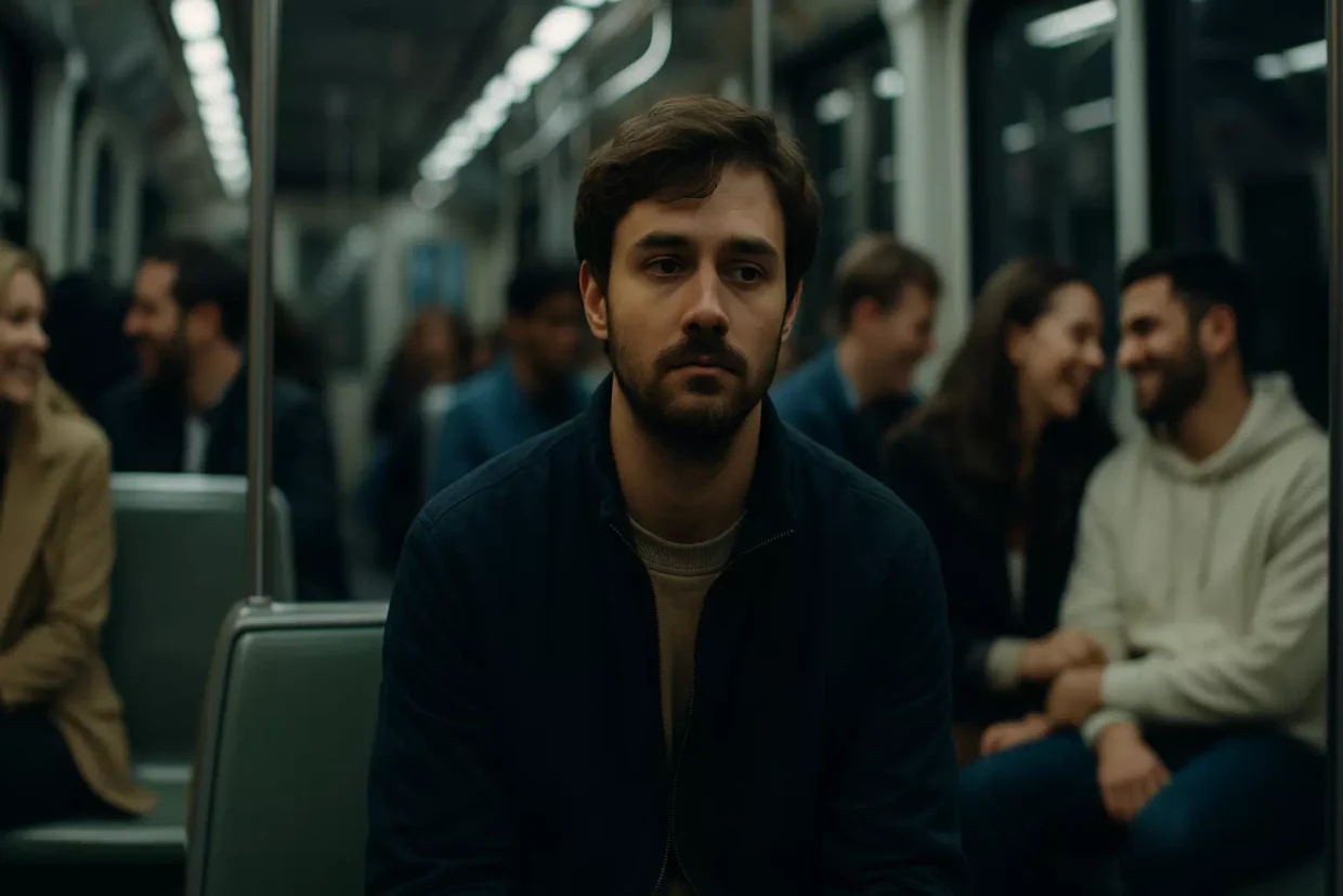 Personne seule dans une foule dans le métro – illustration réaliste du paradoxe hypersociable et solitude émotionnelle